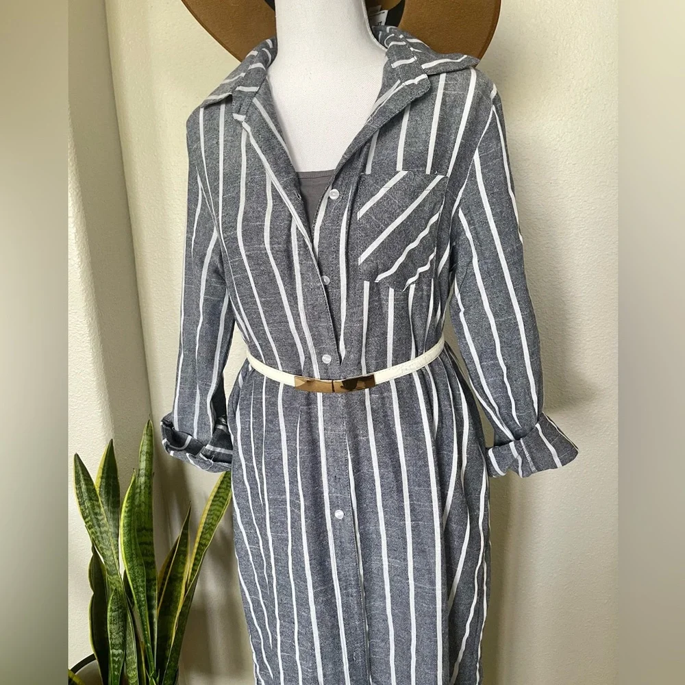 New - Striped Blue & White Sheer Swim Cover Up / Kimono / Button Up Shirt Dress - Picture 12 of 14